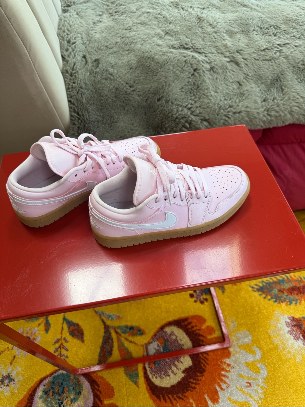 Jordan Pink and White Low-Top Sneakers with Gum Sole